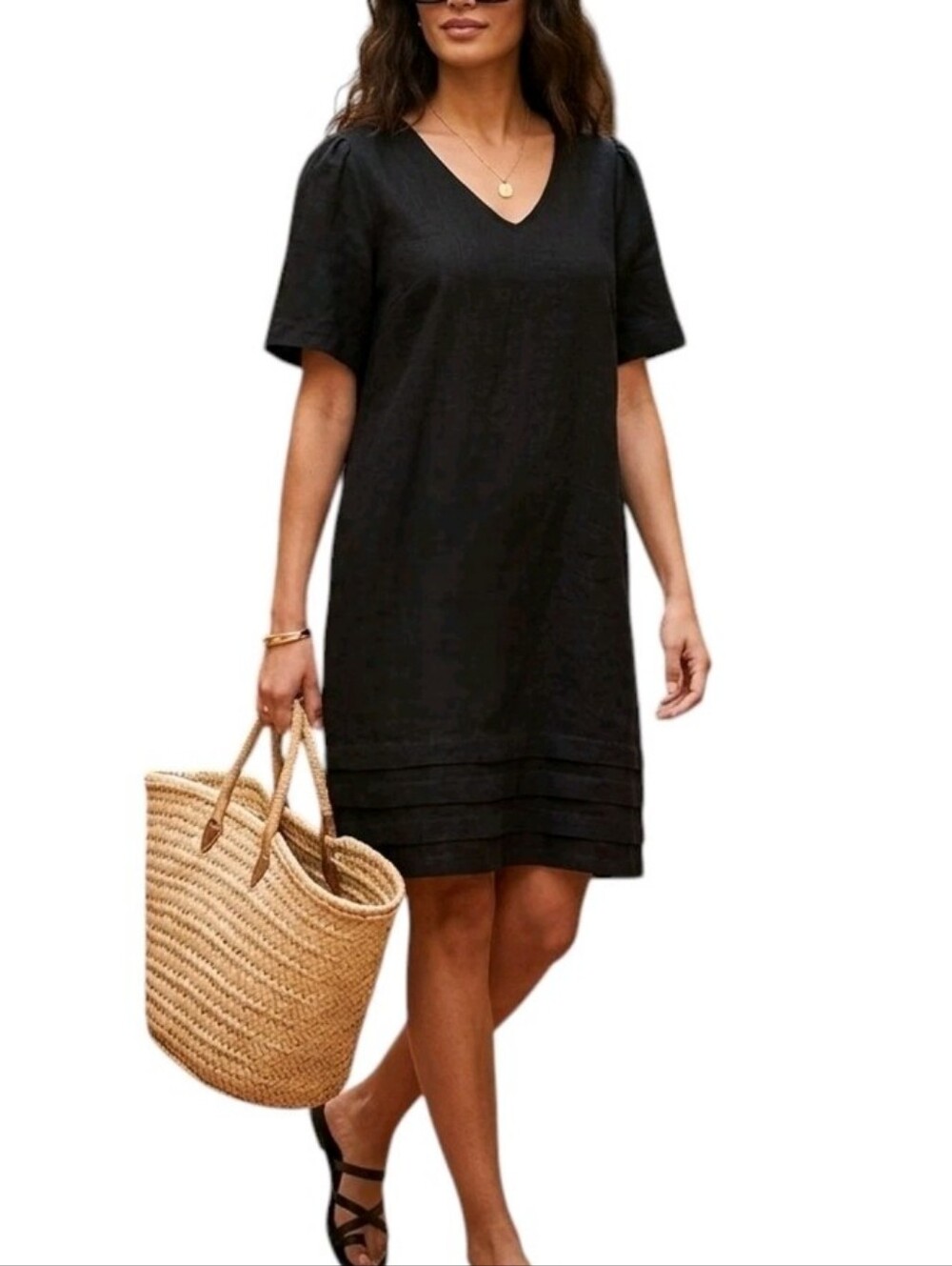 Nicole Miller Original Linen Blend Lagenlook  Shift Dress Sz Lg Black